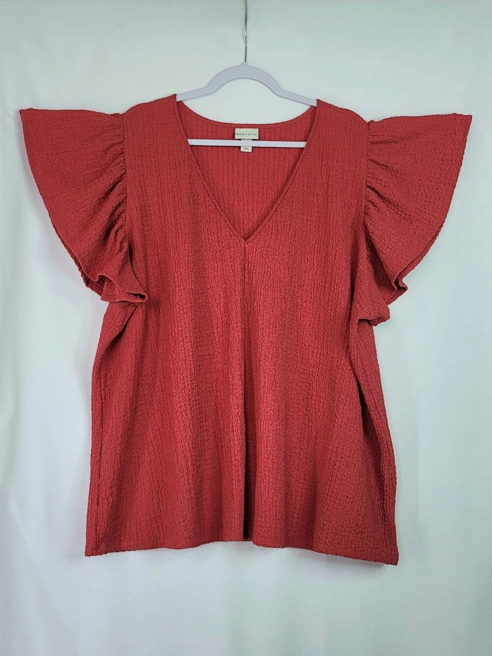 AVA & VIV Muted Crimson Textured Fabric Flutter Sleeve V-Neck Women's Plus Sz 3X